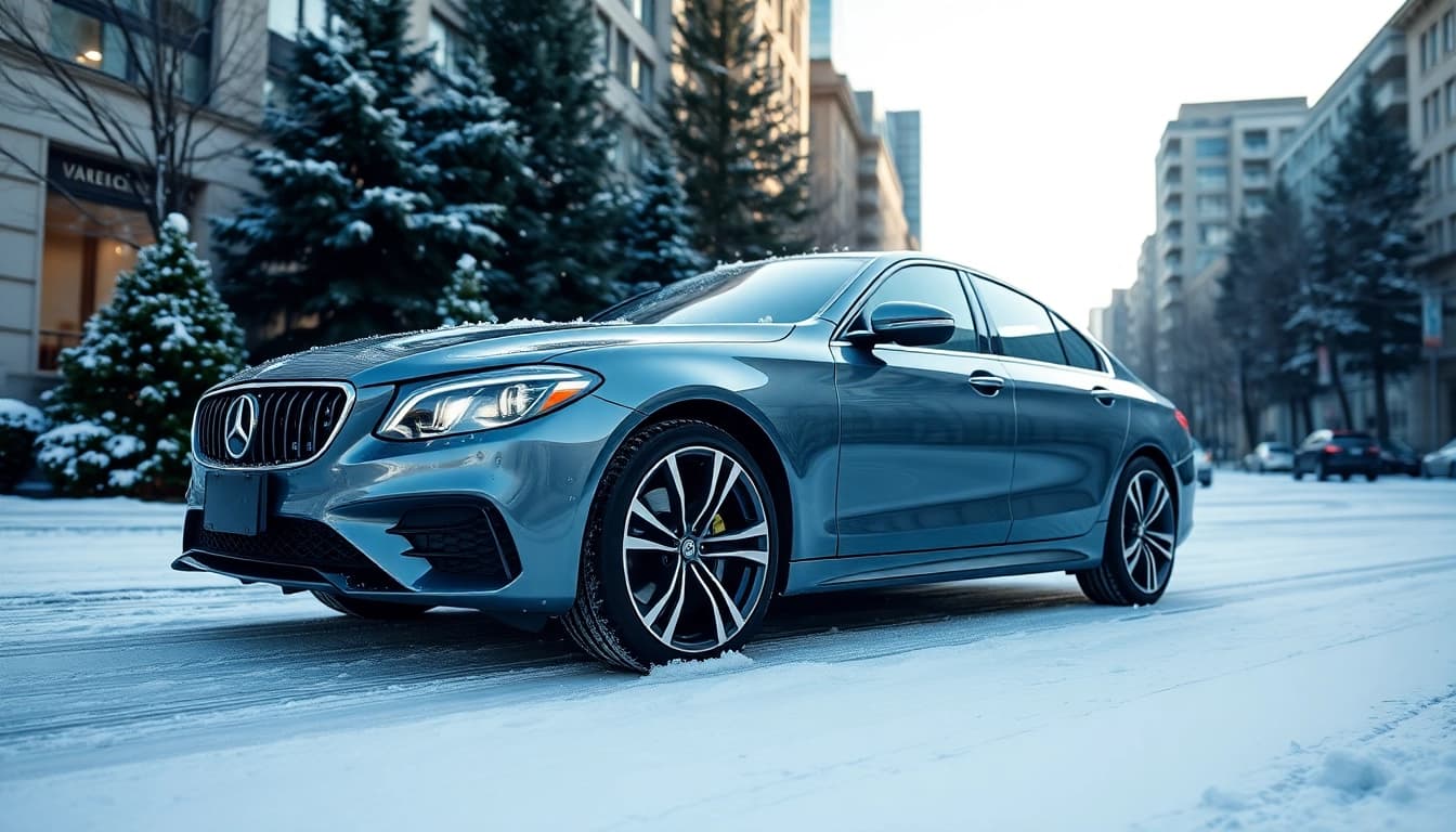 Showcase of PPF winter road salt protection on a parked vehicle in a snowy urban setting.