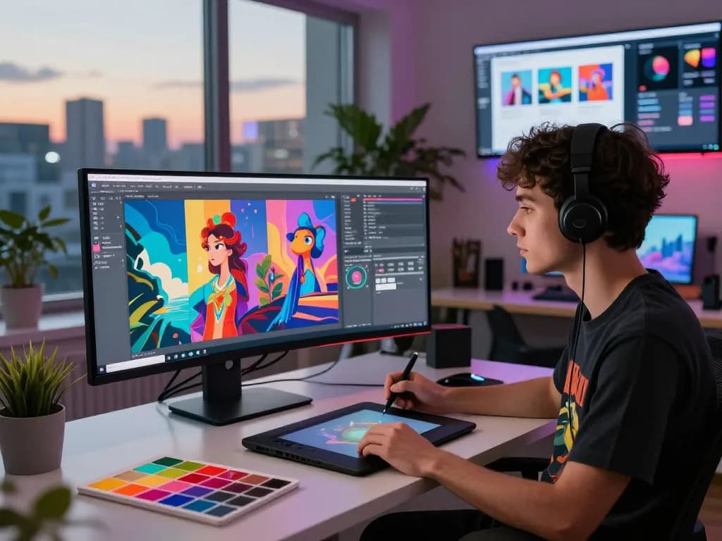 Engaging digital artist generating AI NSFW images in a modern workspace