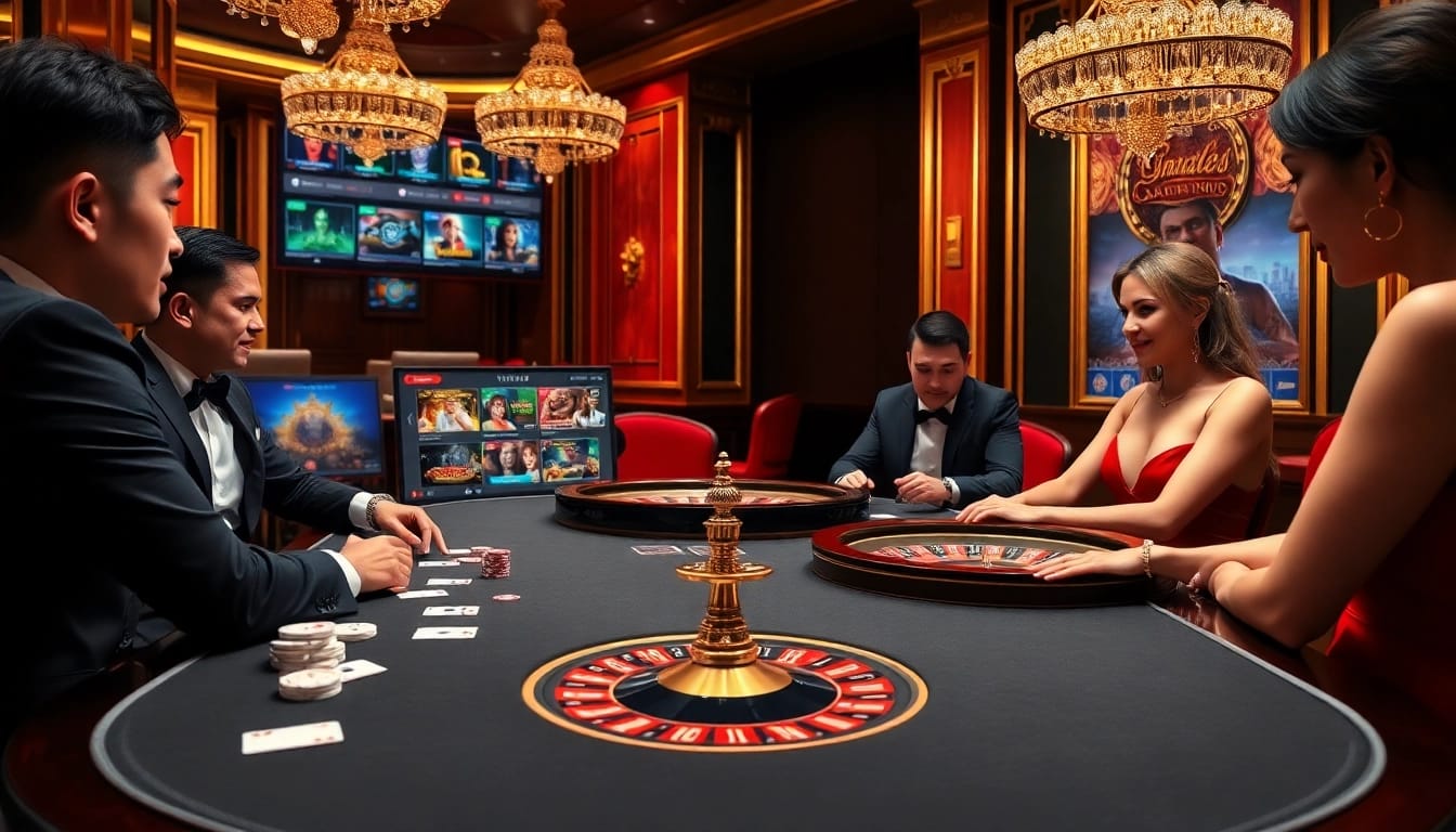 Engaging poker players strategizing at a luxurious table on https://lv88.ltd/ with vibrant graphics and a roulette wheel.