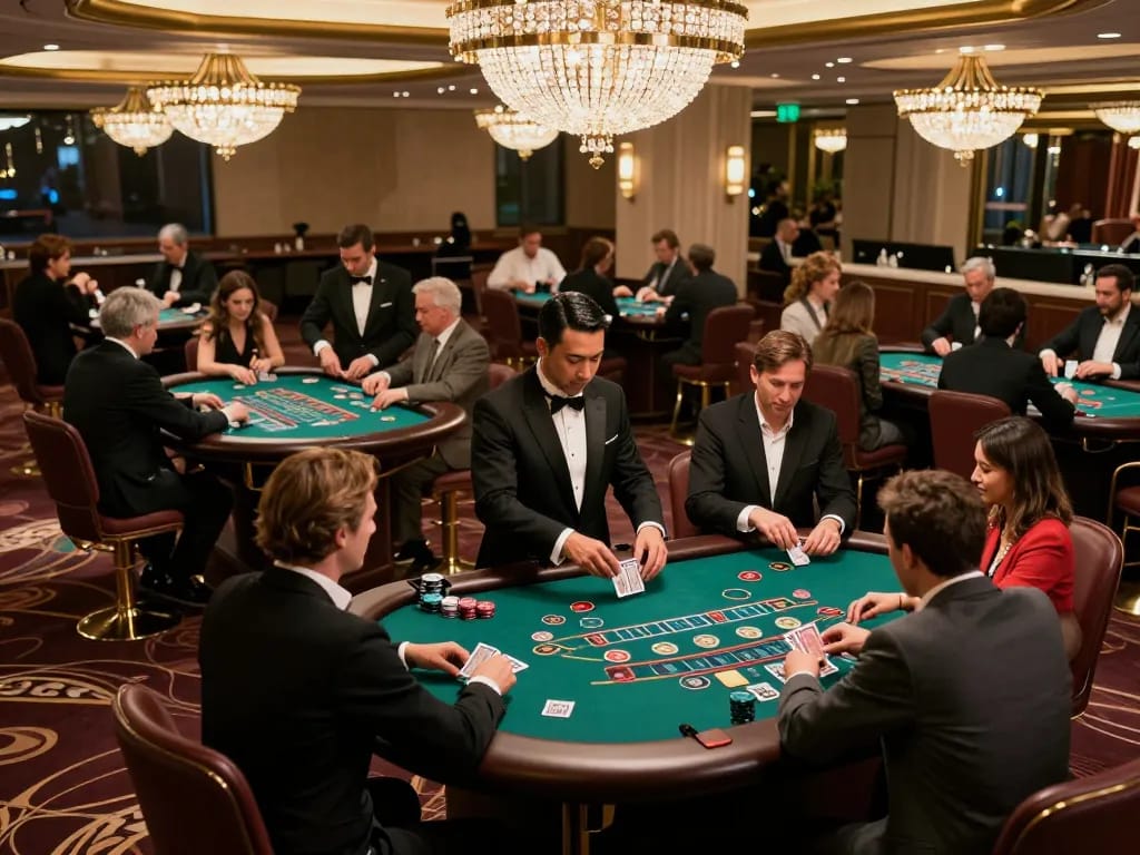 Players placing strategic bets at a 789club blackjack table in an upscale casino setting.