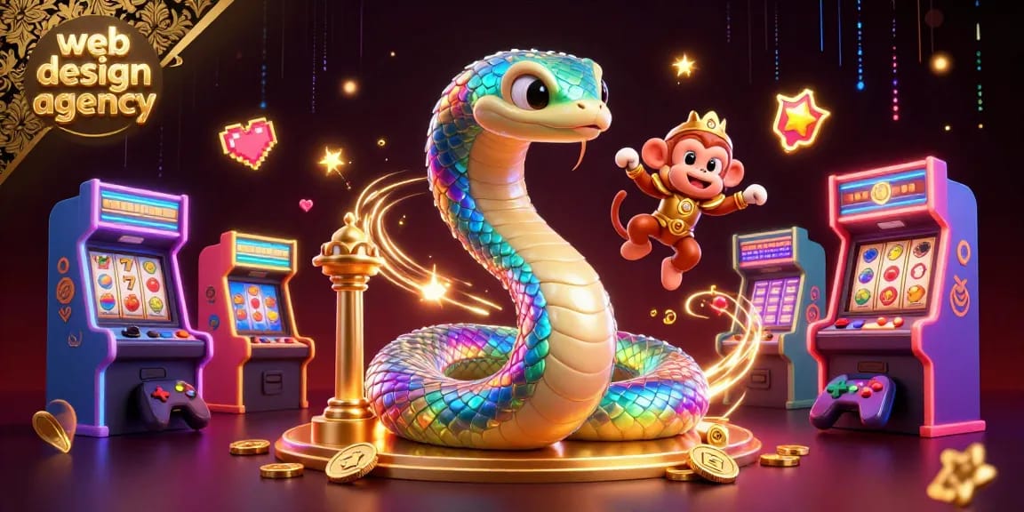 A vibrant casino-themed illustration showcasing a web design agency with characters engaging in interactive slot games.