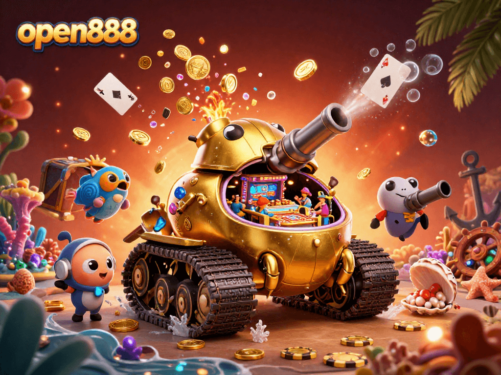 Experience thrilling gameplay at open888 with a vibrant 3D casino scene bursting with action.