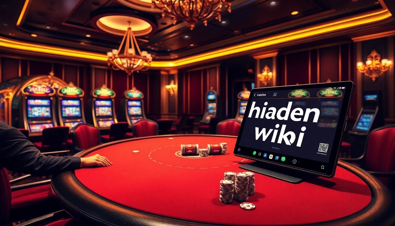 The hidden wiki showcases an exciting poker game in a luxurious casino setting, with vibrant slot machines in the background.