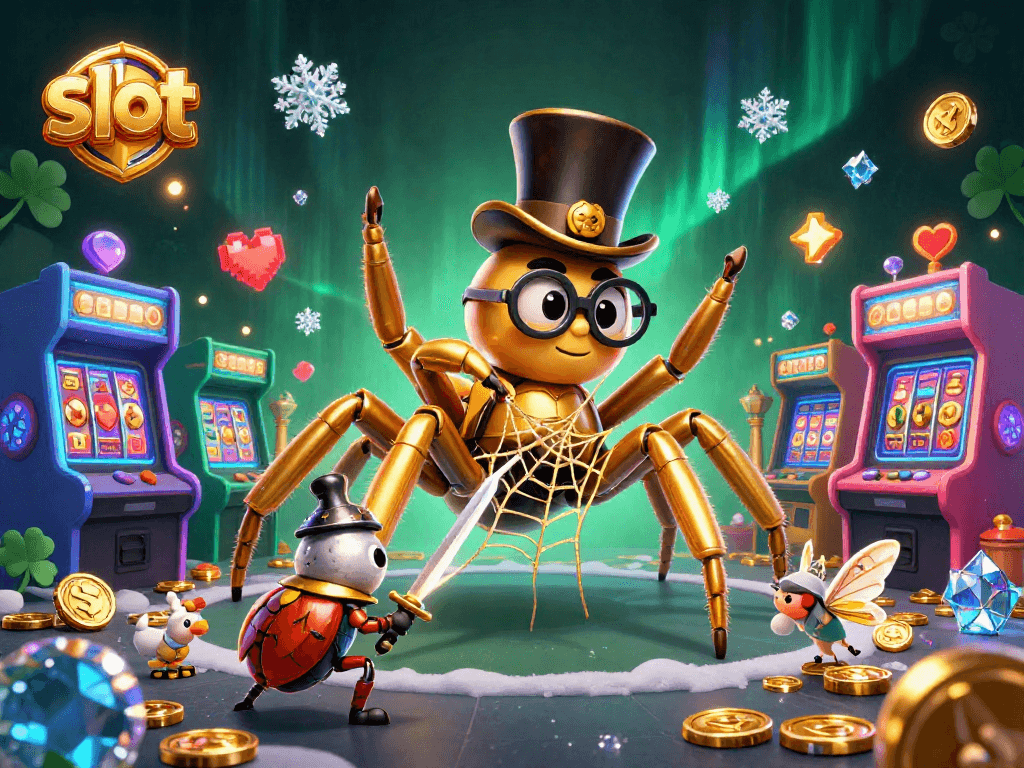 Engage with the vibrant slot gaming scene featuring a golden tarantula and beetle knight.