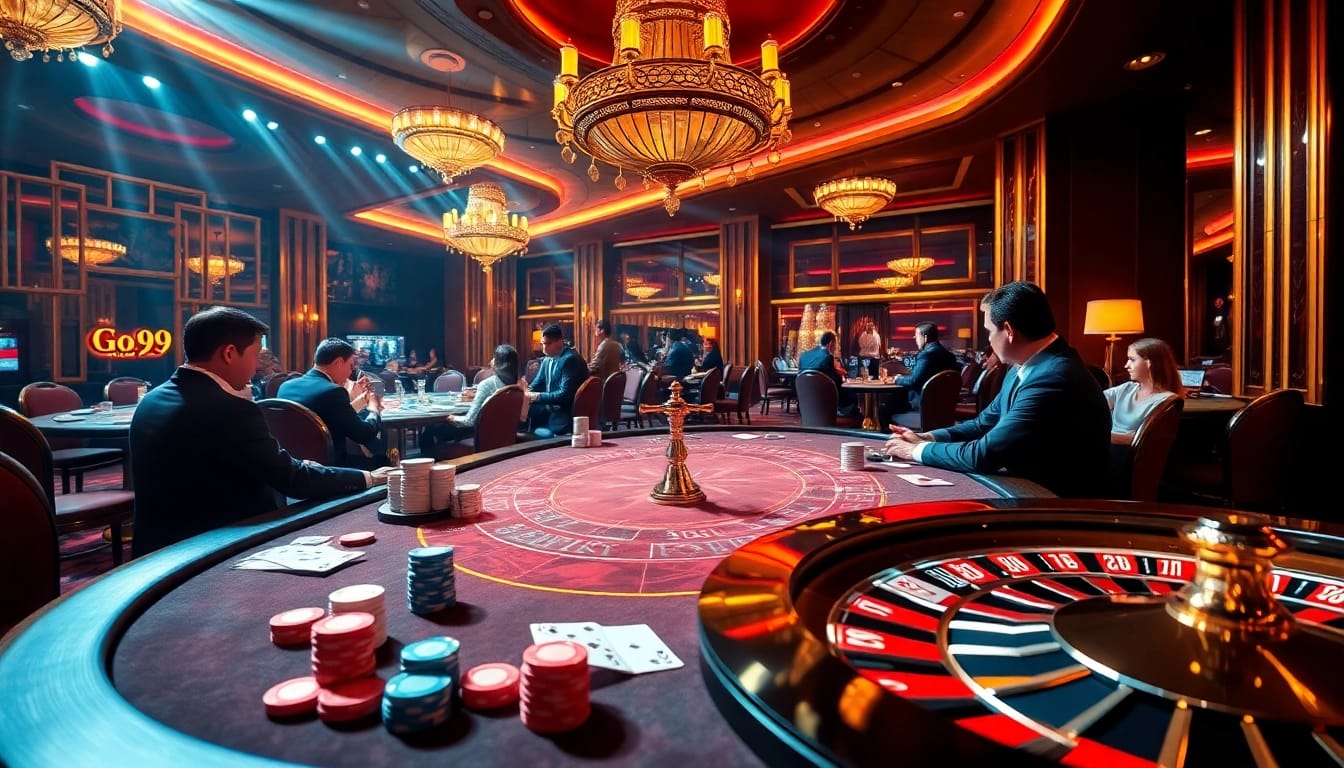 Experience the excitement at Go 99 casino with vibrant tables, cards, and chips in a luxurious setting.
