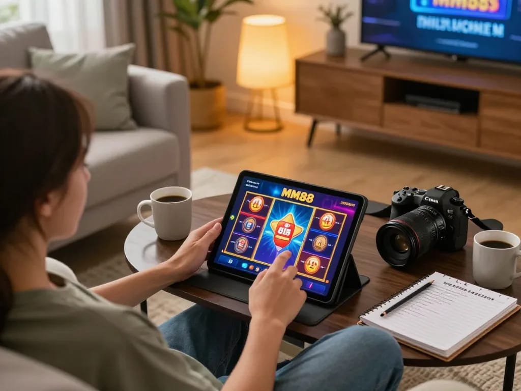 An engaged player exploring exciting online slots at https://mm88.today/ on a tablet during a cozy gaming session.