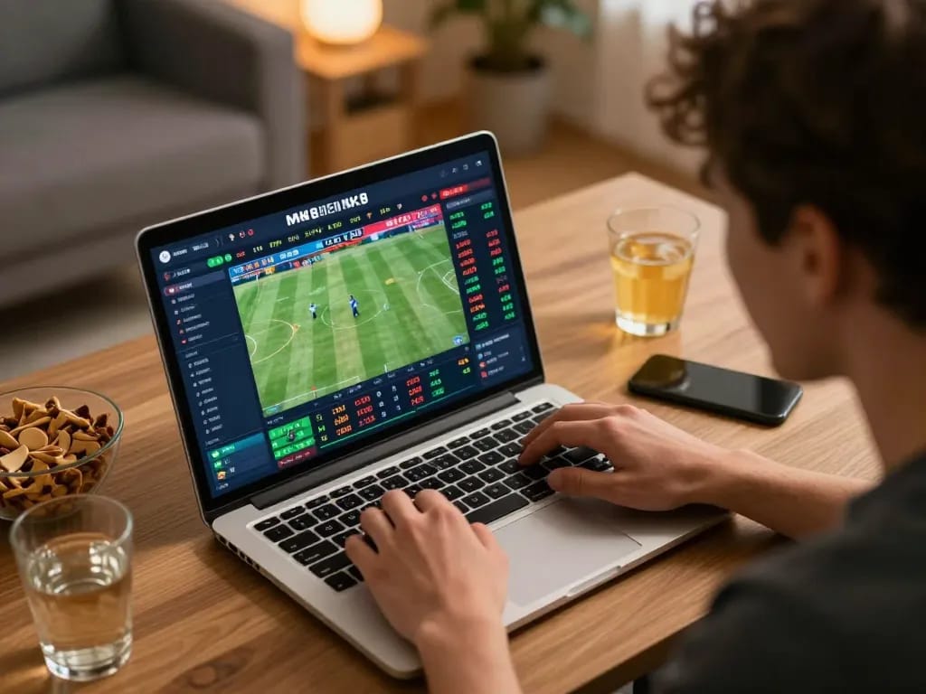Engaging user placing bets on MK8 online sports betting platform, modern home office ambiance.
