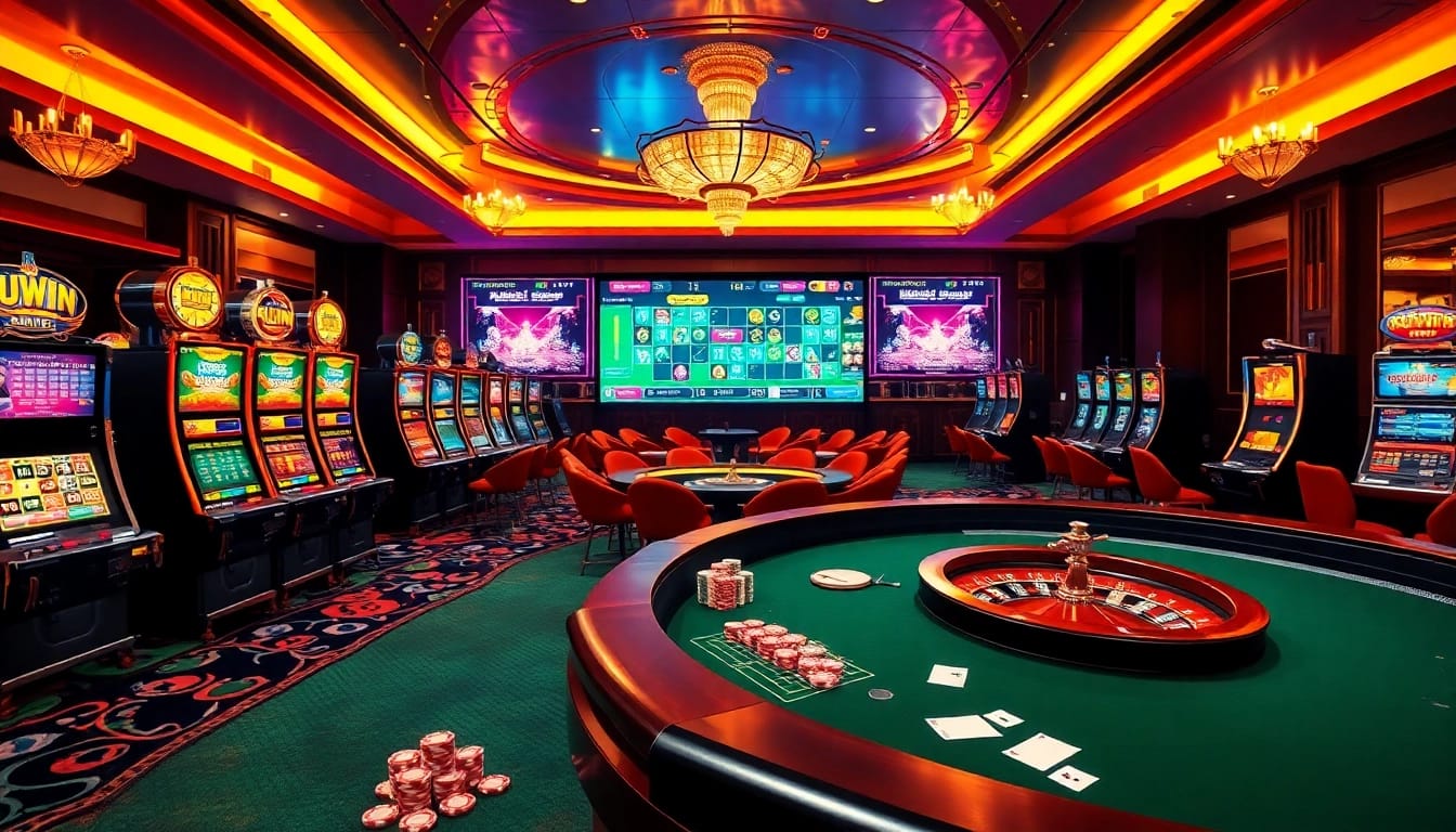 Kuwin casino scene showcasing vibrant slot machines and an elegant roulette wheel.