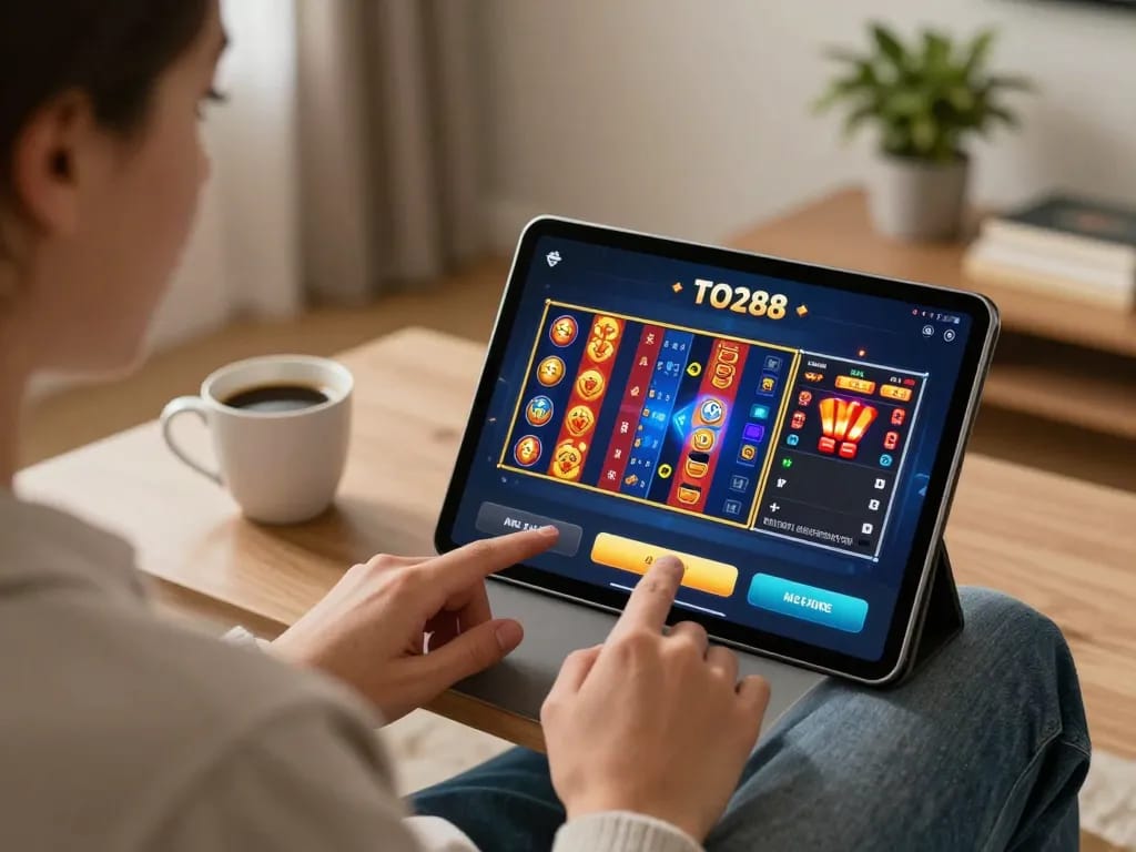 Playing slots on TO288 app in a cozy home setting, showcasing vibrant gaming experience.
