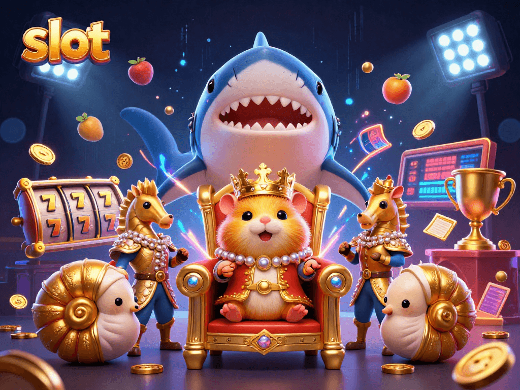 Engage in thrilling slot play with animated reels and a striking casino scene.