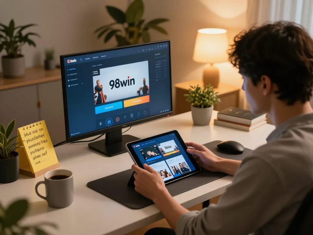 Player analyzing betting options in the 98win online casino app on a tablet at home, showcasing responsible gaming.
