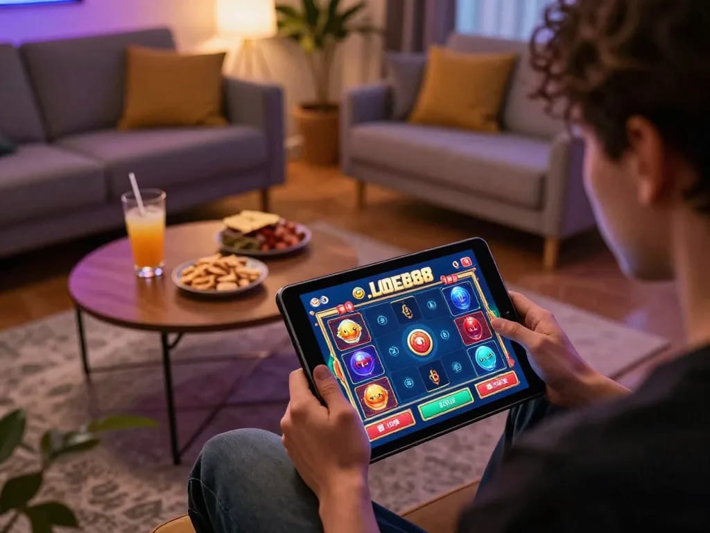Player engaged in Lode88 online gaming, showcasing interactive game interface and cozy environment.