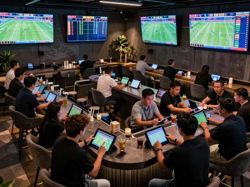 Engaging scene of sports enthusiasts participating in 7meter Parlay betting while analyzing live odds