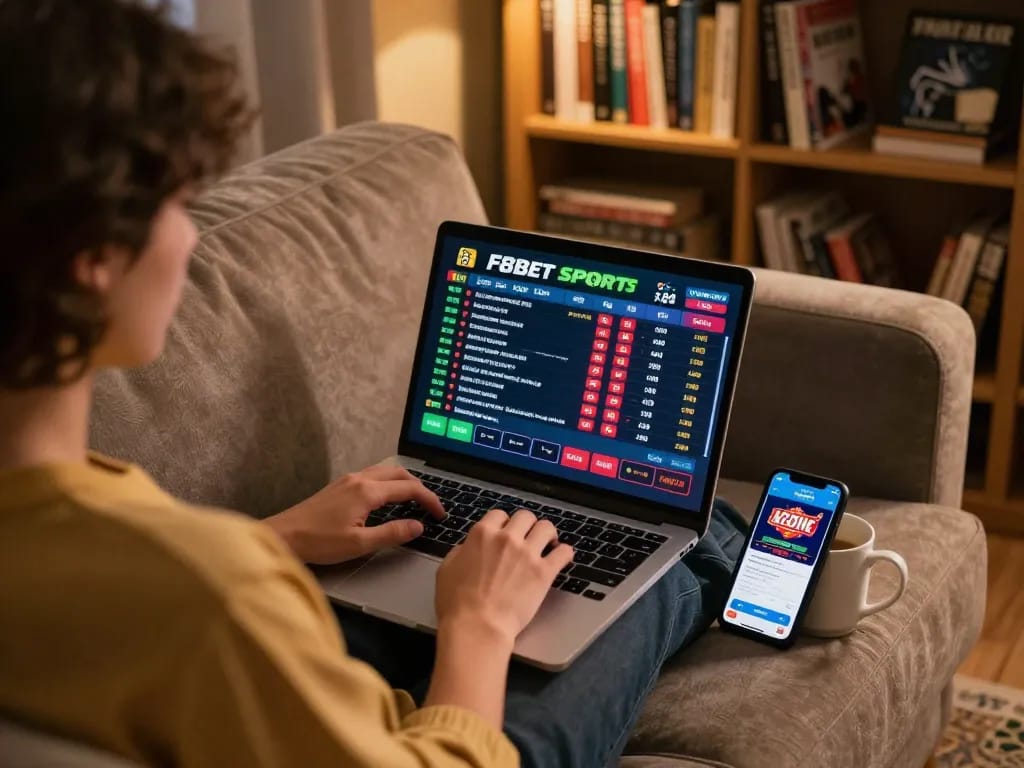 Experience F8BET sports betting from home on a cozy sofa with a laptop and smartphone.