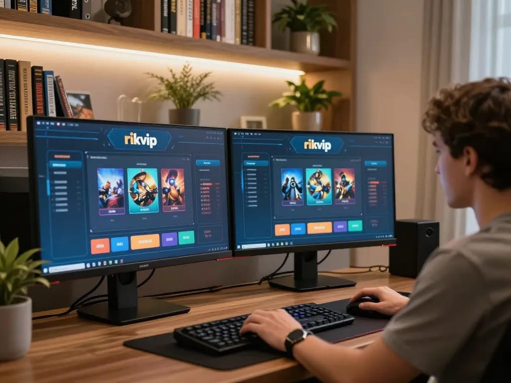 Playing online casino games on rikvip platform with dual monitors in a stylish home setup.