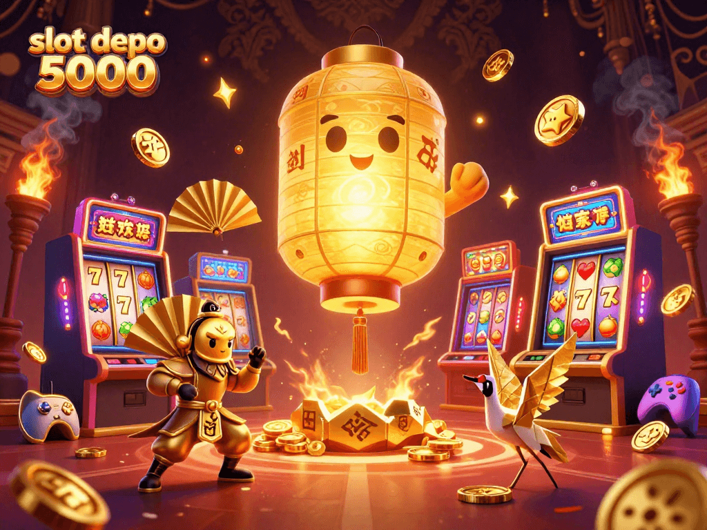 Experience the thrill of slot depo 5000 with vibrant 3D characters and gaming elements illuminating the scene.