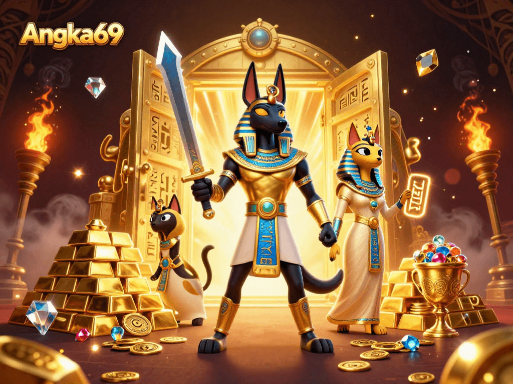 Experience Angka69 with Anubis and Bastet in an exciting 3D casino scene full of treasure and games.