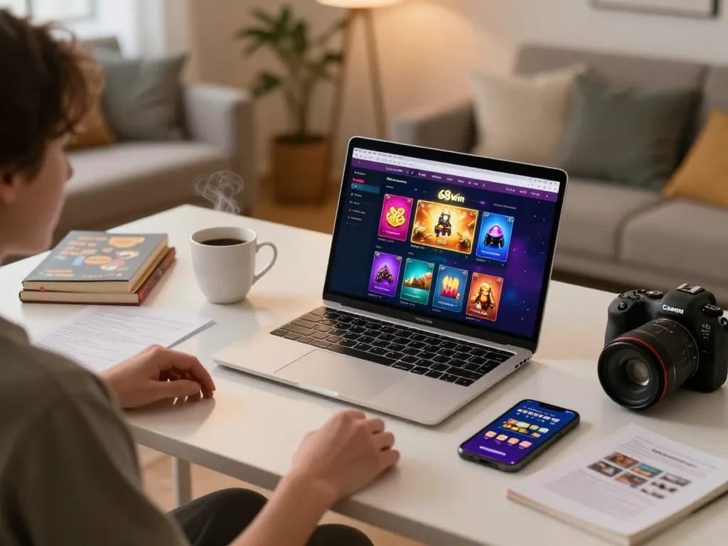 A player engaging in online casino gaming on 68win, showcasing a vibrant gaming setup with laptop and smartphone.