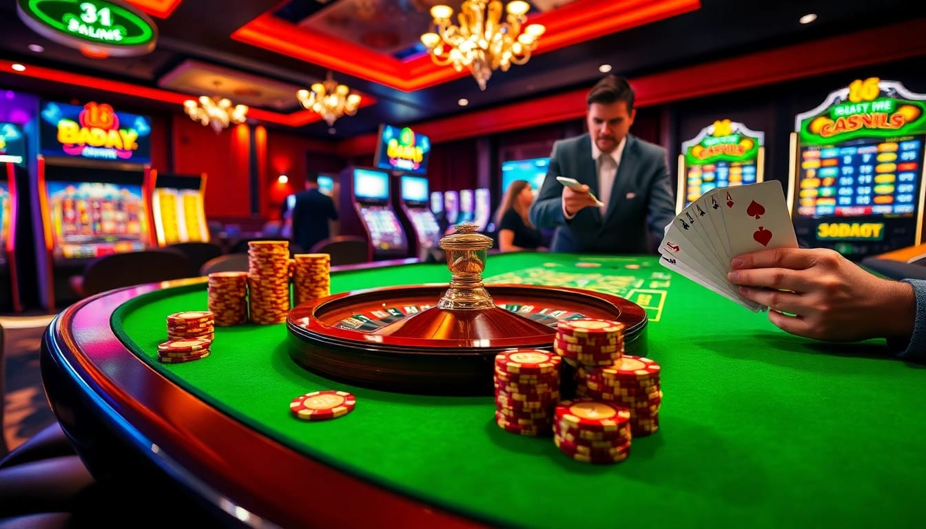 8DAY casino scene featuring vibrant poker chips, roulette wheel, and enthusiastic gamblers in an upscale environment.