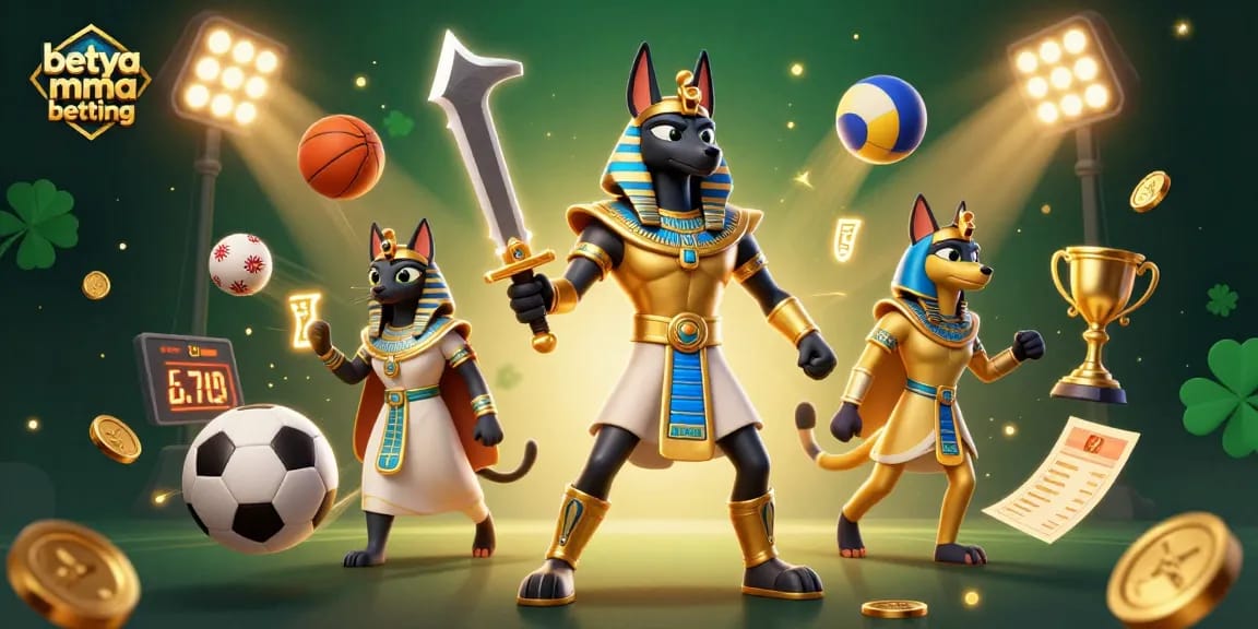Bettors engage in betya mma betting with an action-packed scene featuring Anubis and sports elements.