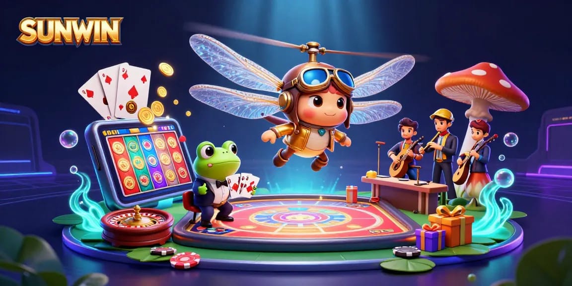 SUNWIN offers exciting gameplay with a frog croupier and vibrant casino elements, inviting players to engage.