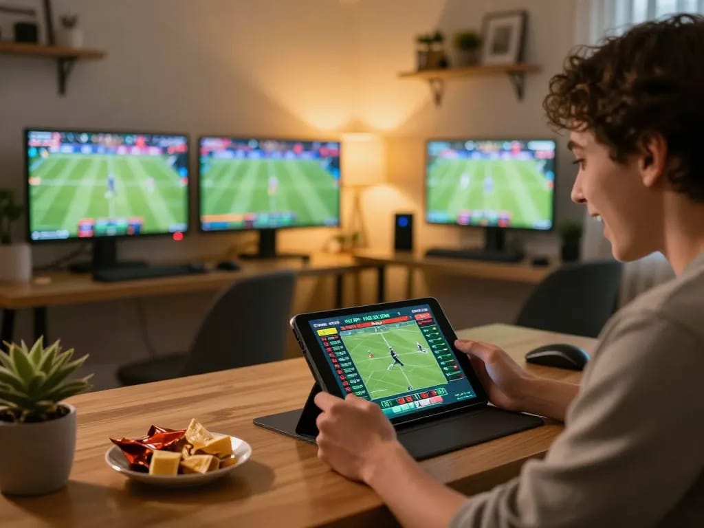 Engaging in SG 777 online sports betting with excitement visible on a player's face.