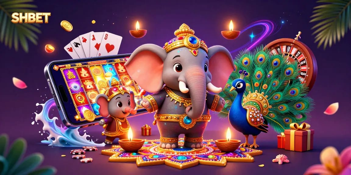 Action-packed scene showcasing SHBET with vibrant casino elements amidst colorful decorations and dynamic characters.