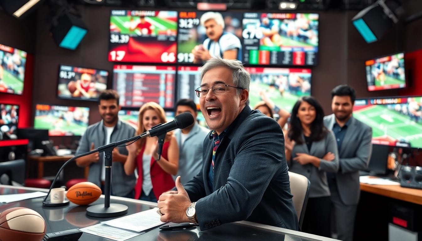 Engaged broadcasters in a high-energy Sports Broadcasting studio with live updates on sports events.