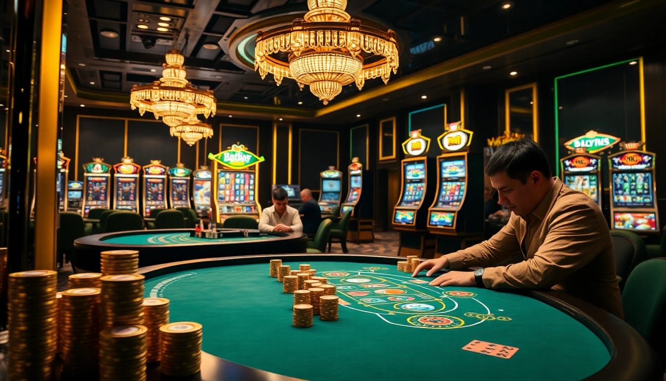 33win offers an exciting high-end casino experience, featuring poker tables and vibrant slot machines.