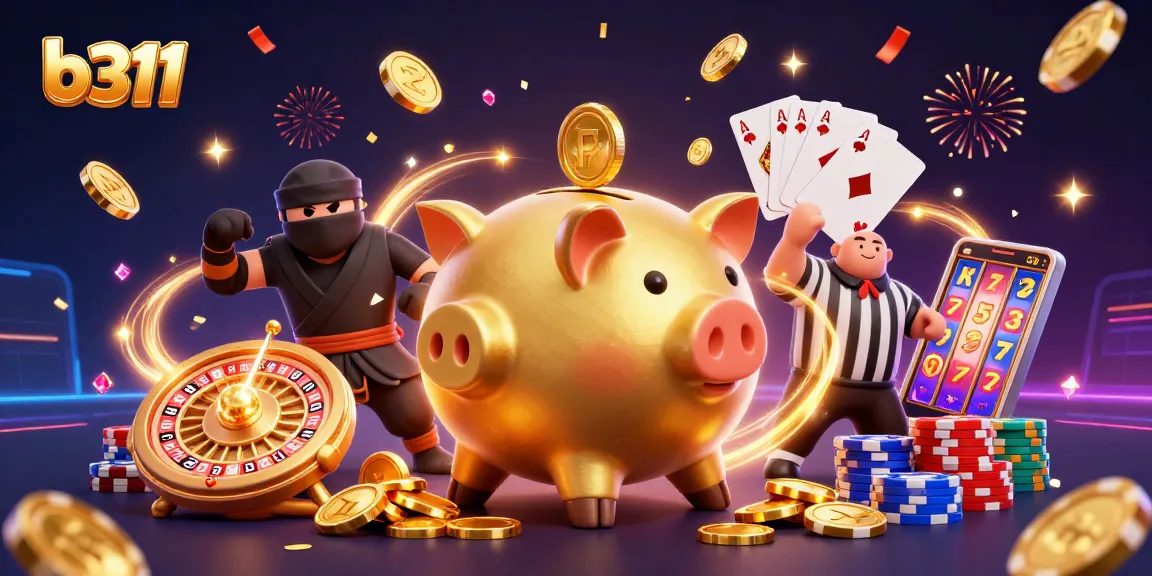 O b311 apresenta uma cena vibrante com um lutador de sumô em um cassino virtual rodeado de moedas e cartas.