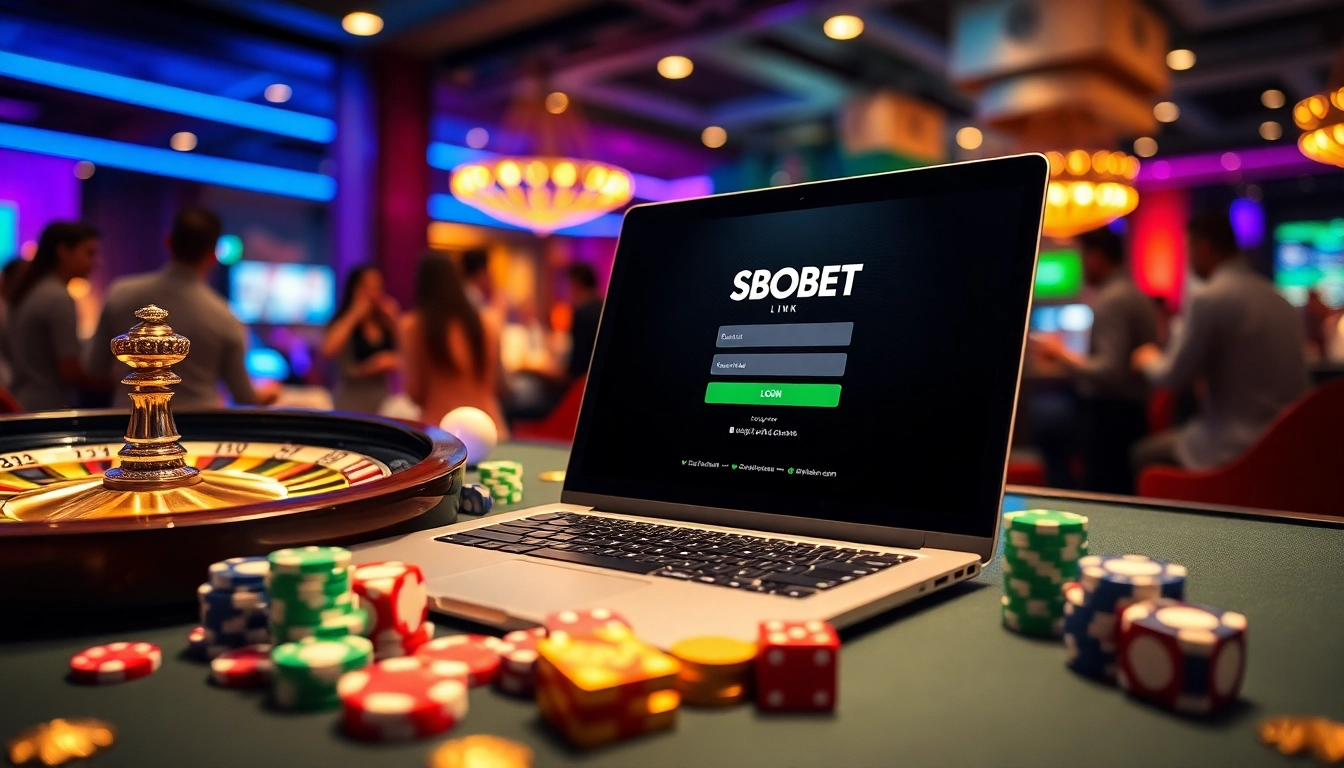 The excitement of online gambling is captured with the SBOBET link login interface, set against casino elements like poker chips and dice.