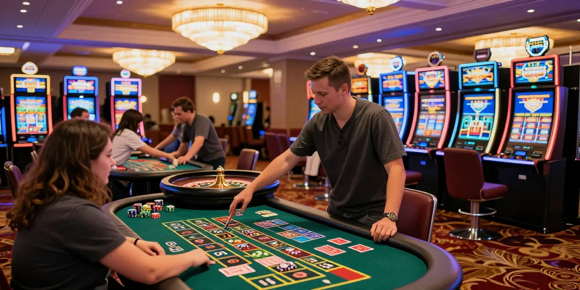Engaging casino gaming scene showcasing AA88 COM excitement with players at slots and tables.