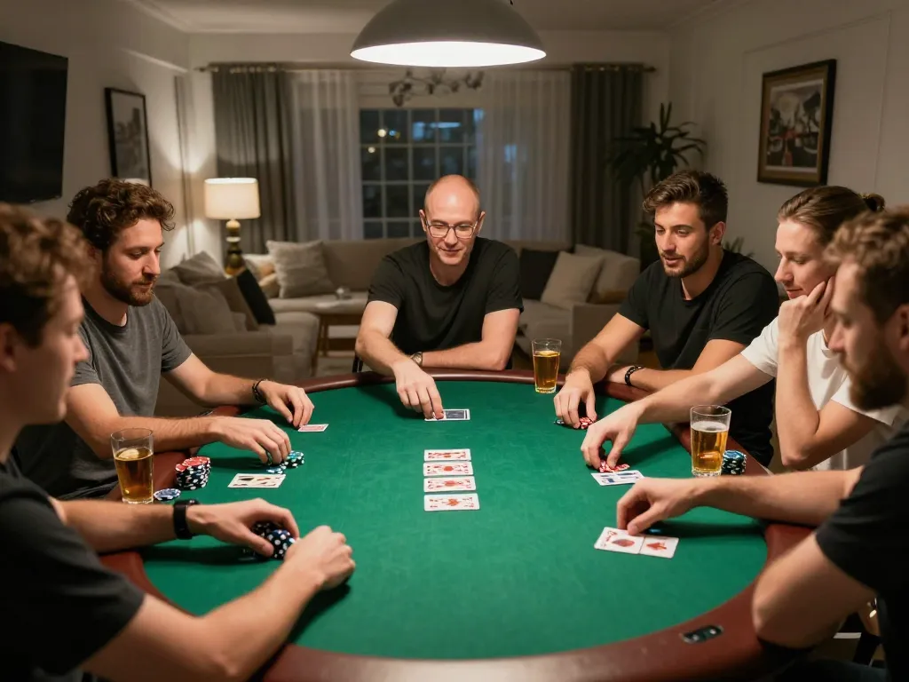 Friends enjoying an exciting game night, showcasing nhà cái shbet strategy in a cozy poker setting