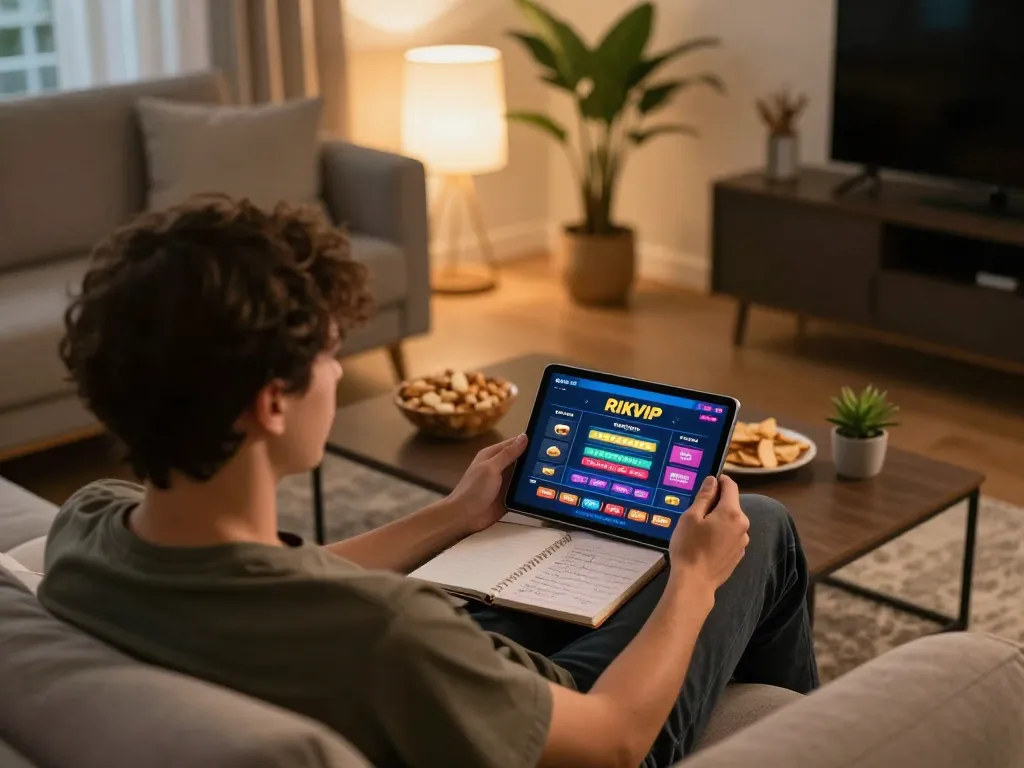 Engaging RIKVIP online casino gameplay at home with a cozy setup.