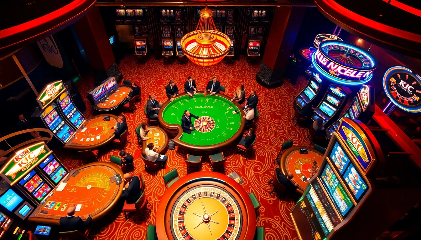 KJC casino scene with players enjoying poker, vibrant slot machines, and rich ambiance.