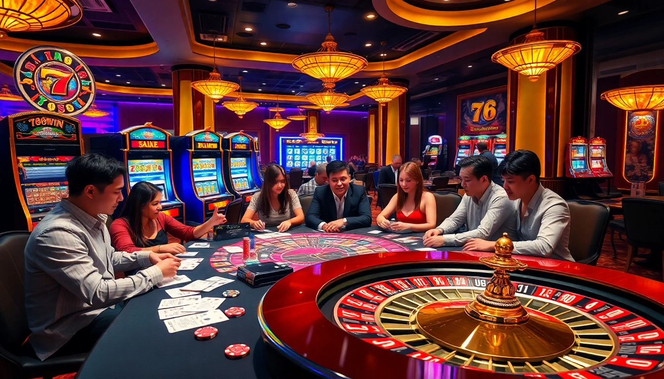 Engaging players at 78WIN's luxurious casino table amidst vibrant gaming excitement.