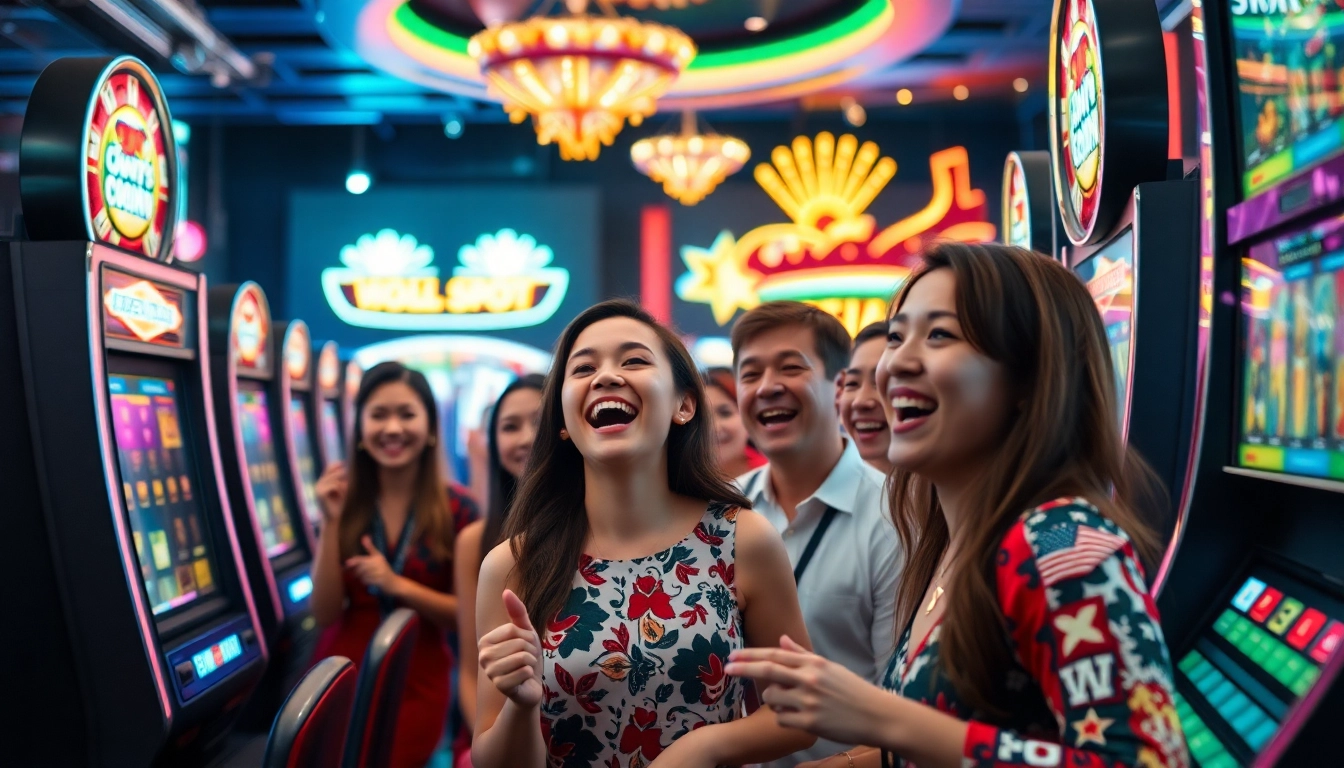 Engaging players enjoying the thrill of AT99 casino slot machines in a vibrant setting.
