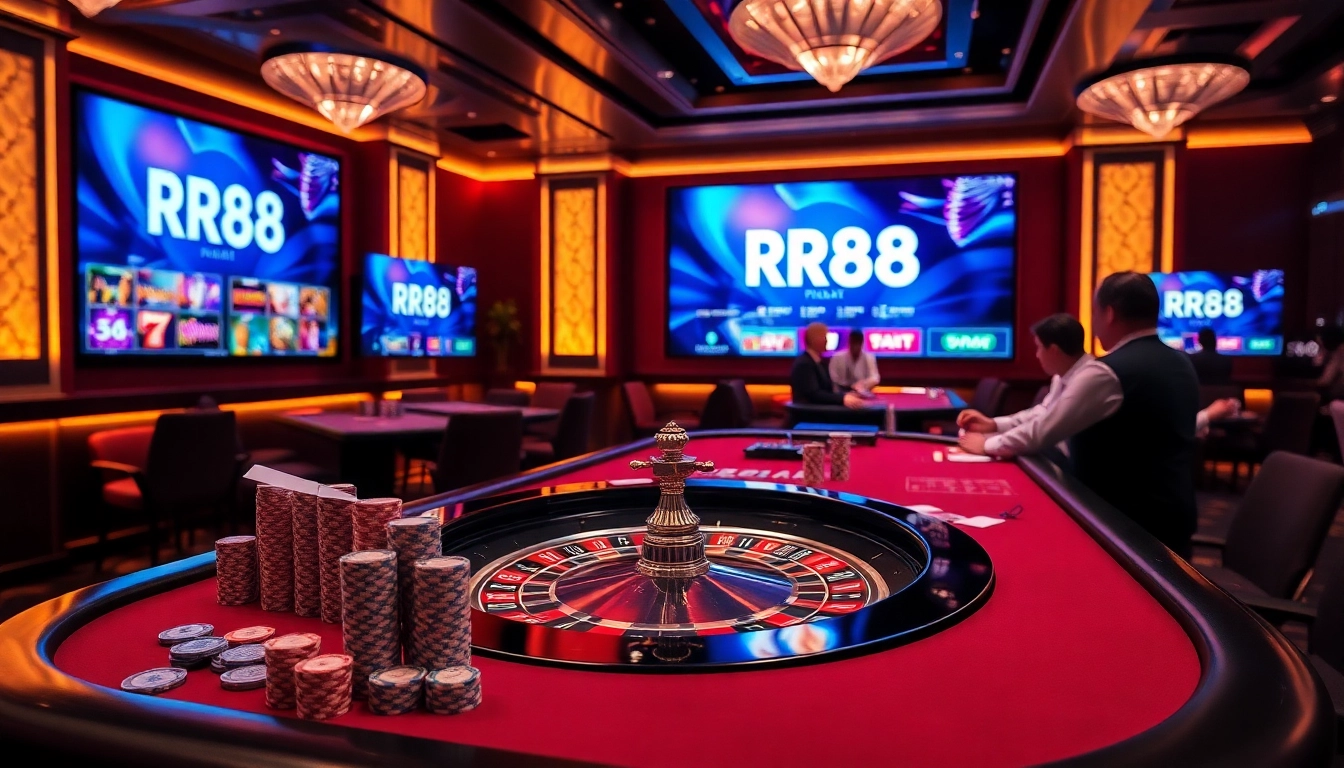 Players enjoying gaming excitement at RR88 casino with poker chips and a roulette wheel.