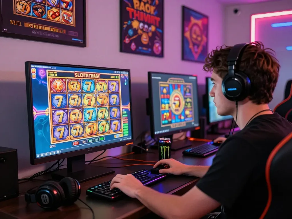 Player immersed in online SLOT 777 gaming experience with vibrant graphics and cozy atmosphere.