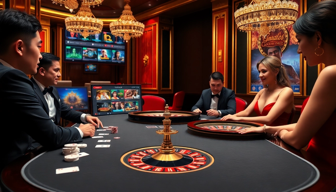 Engaging poker players strategizing at a luxurious table on https://lv88.ltd/ with vibrant graphics and a roulette wheel.