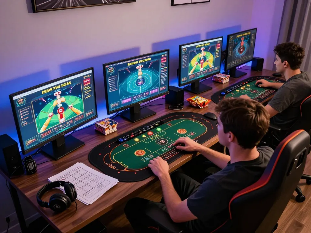 uu88 player immersed in a live dealer game on multiple screens in a stylish home setup