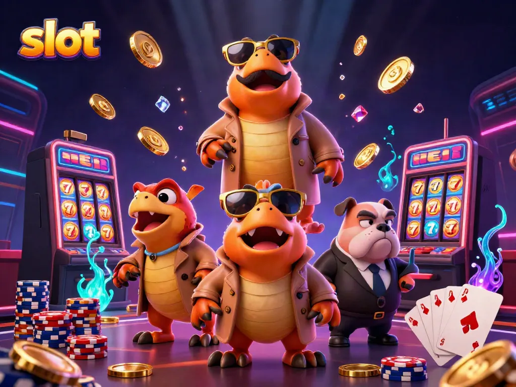 Mencoba permainan slot dengan tiga raptor dalam jas mantel trench, menunjukkan slot dengan simbol lucky seven dan tumpukan chip poker.