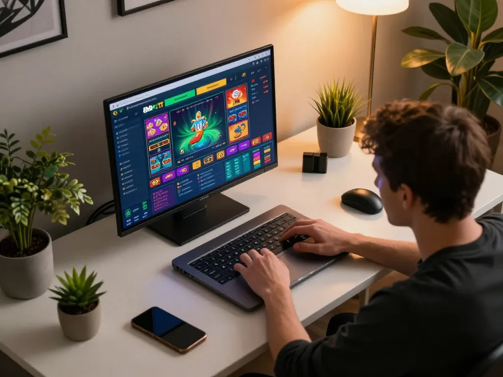 Engaged player strategizing on 8xbet with laptop and gaming elements in a cozy home setting