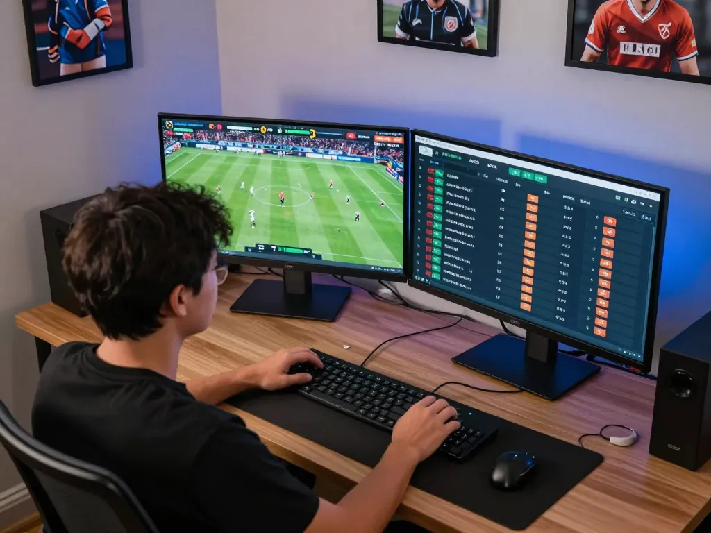 Person analyzing kèo nhà cái on dual screens during live sports betting session
