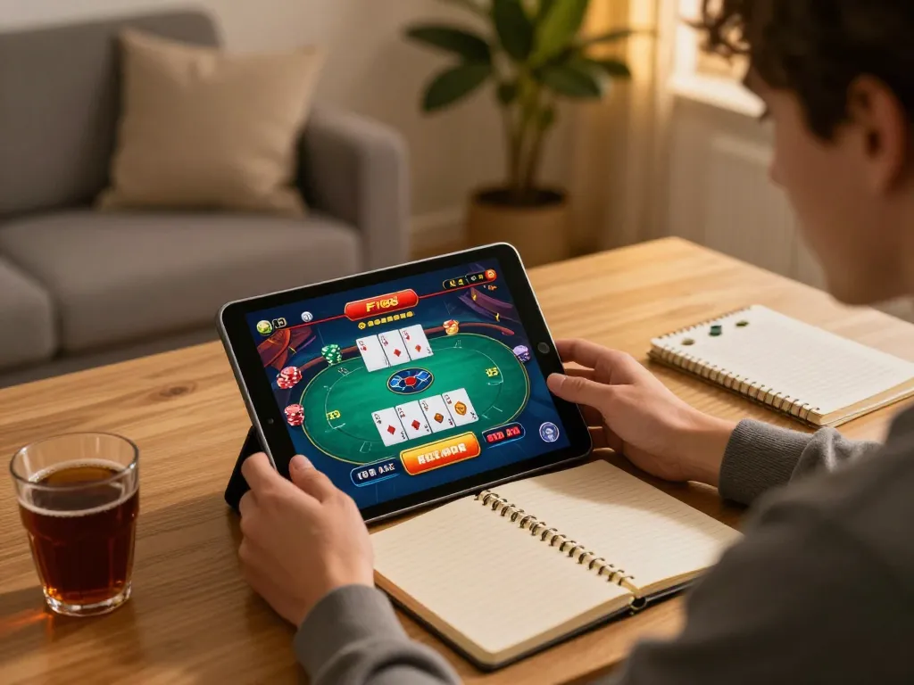 Engaging in F168 mobile poker gaming with a warm, inviting home setup for strategic fun.