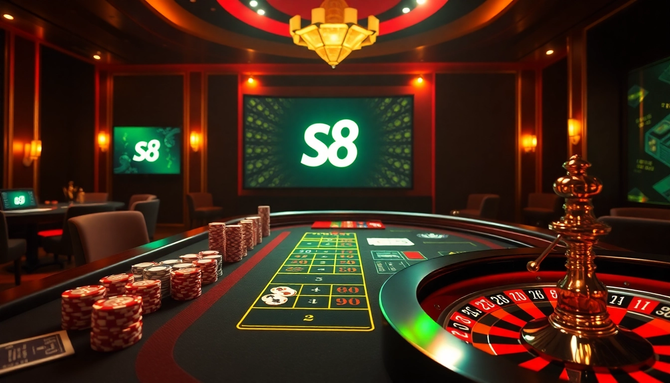 S8 casino table setup featuring vibrant poker chips and a roulette wheel in a luxurious casino ambiance.