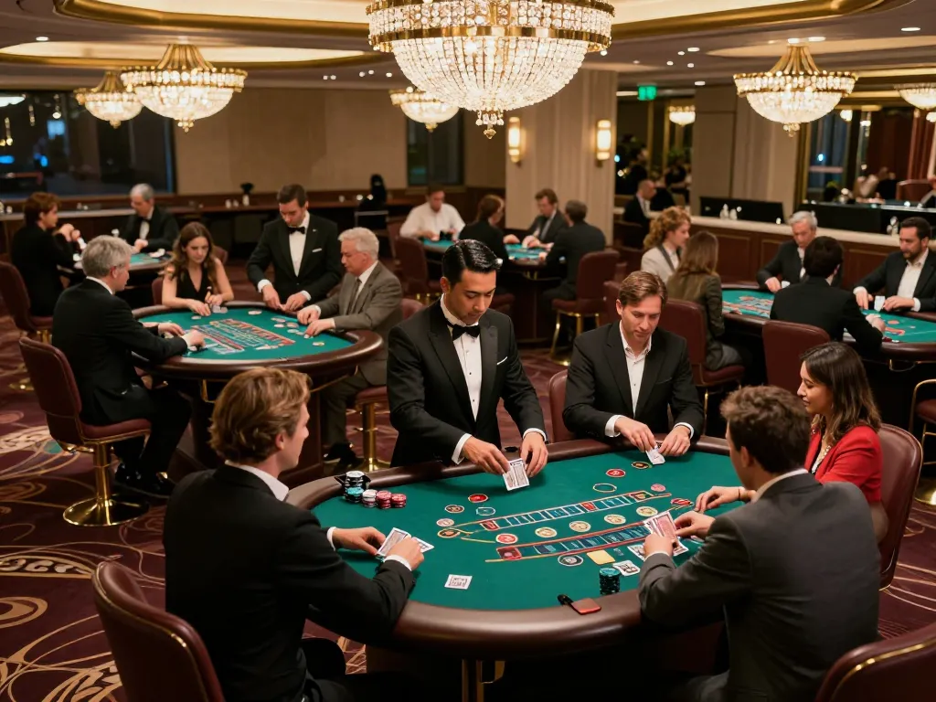 Players placing strategic bets at a 789club blackjack table in an upscale casino setting.