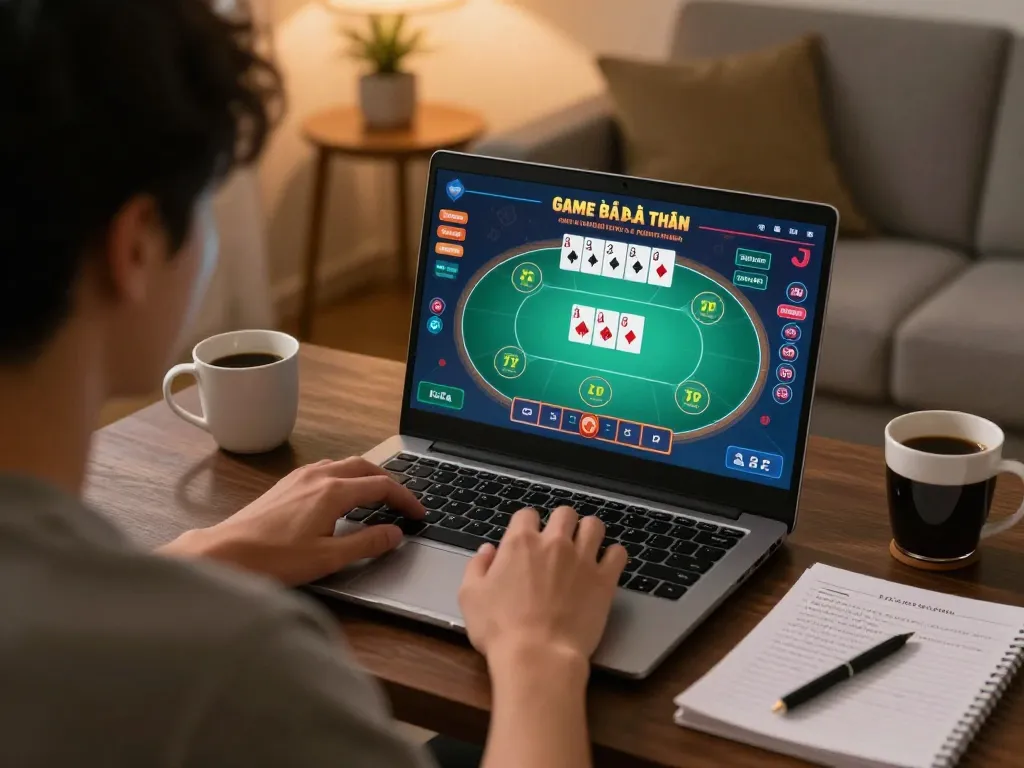 Player engaging in game bài đổi thưởng online, focusing on poker strategy in a cozy home setting.