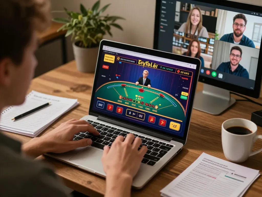 Player engaging with nhà cái during online blackjack game on laptop.