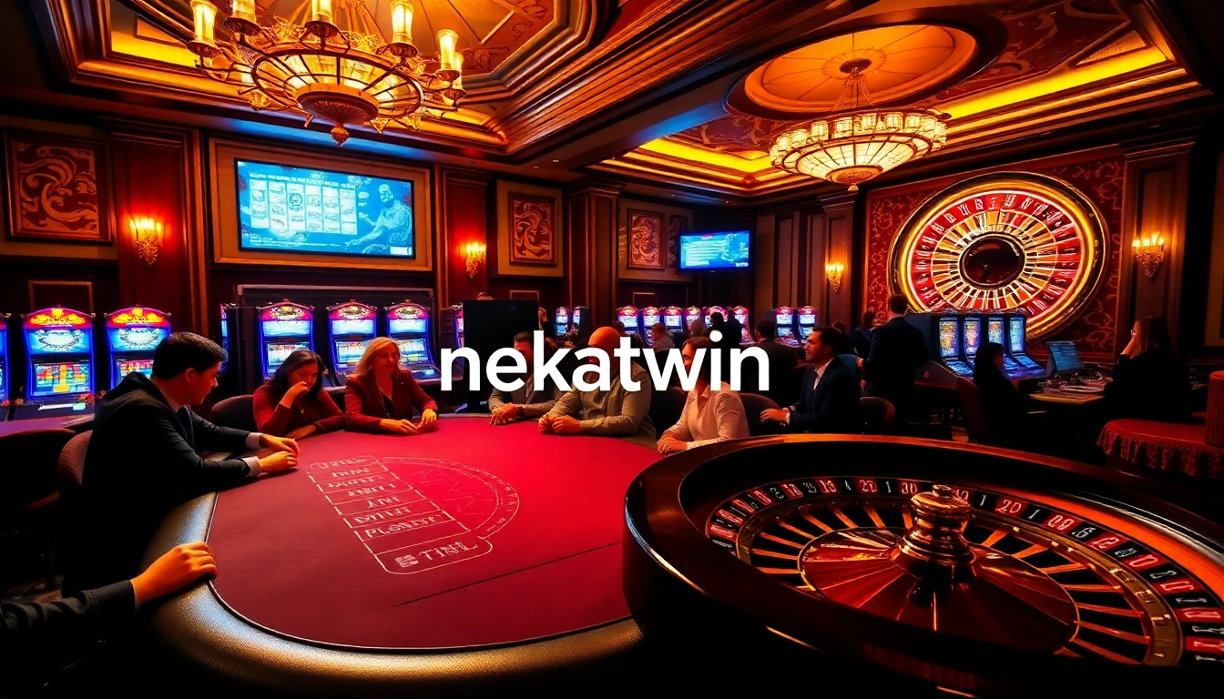 Nekatwin players enjoying high-stakes poker at a luxurious casino table, with vibrant slot machines and roulette wheel in the background.
